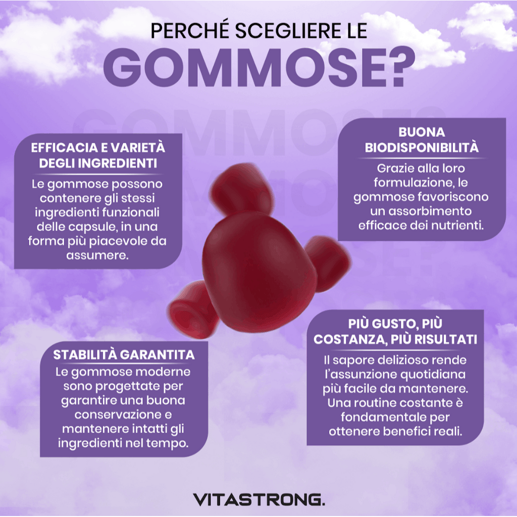 Melatonina Vegan Vitastrong en Gomitas, 120 Gomitas de 1 Mg (1 por Día, Suministro para 4 Meses), Sin Sacarosa, Sin Gluten, Sabor a Frutas Rojas, con Valeriana, Lavanda, Manzanilla y Vitamina B6