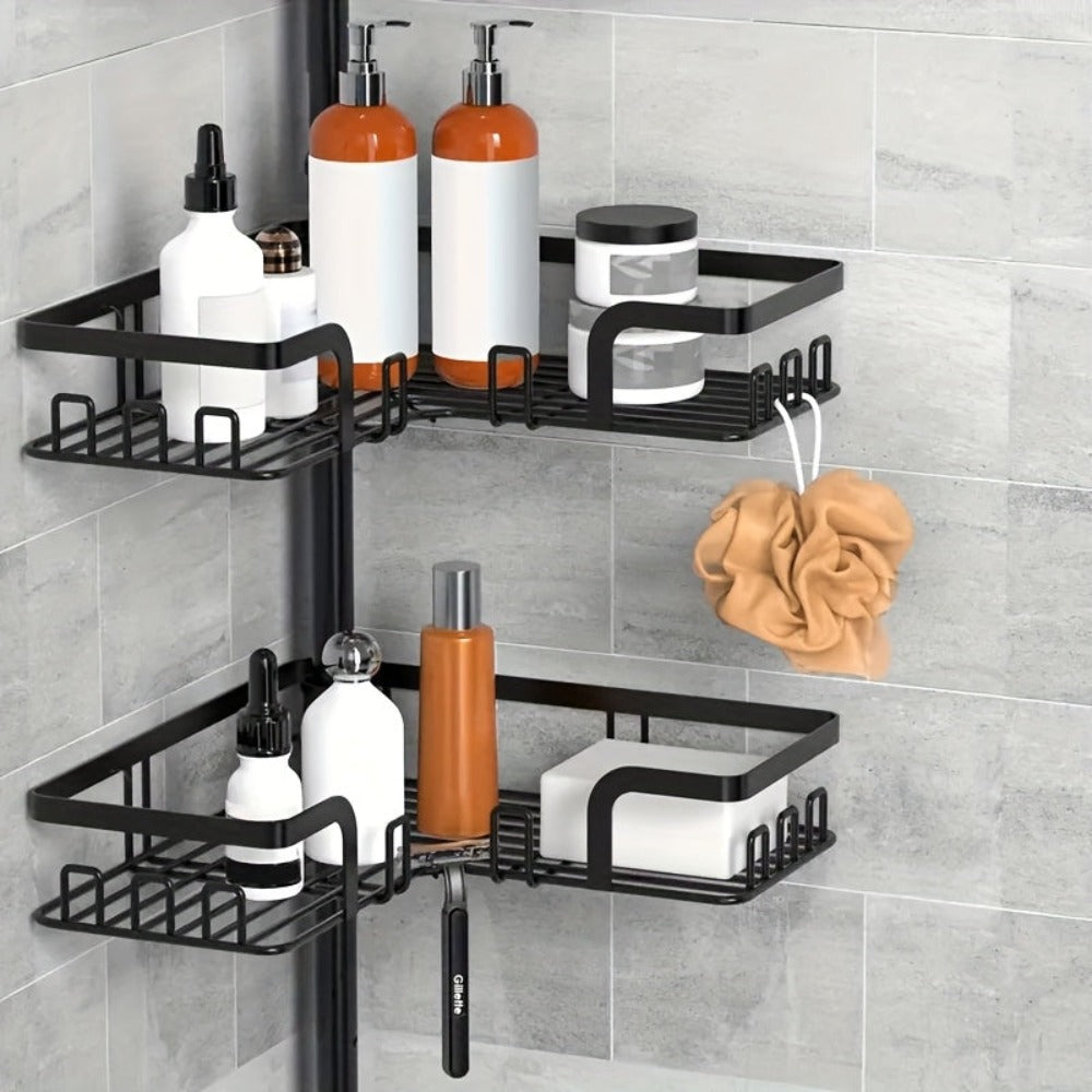 Estante de esquina para baño de 4 niveles a prueba de óxido, caja de almacenamiento para bañera para accesorios de champú, de pie ajustable, estante de almacenamiento para baño a prueba de óxido con barra de tensión, adecuado para artículos esenciales de
