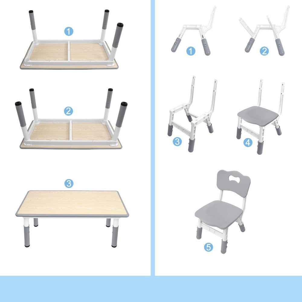 Una mesa acompañada de cuatro sillas, con un diseño de altura ajustable, ideal para una oficina y una mesa de aula que es fácil de limpiar.