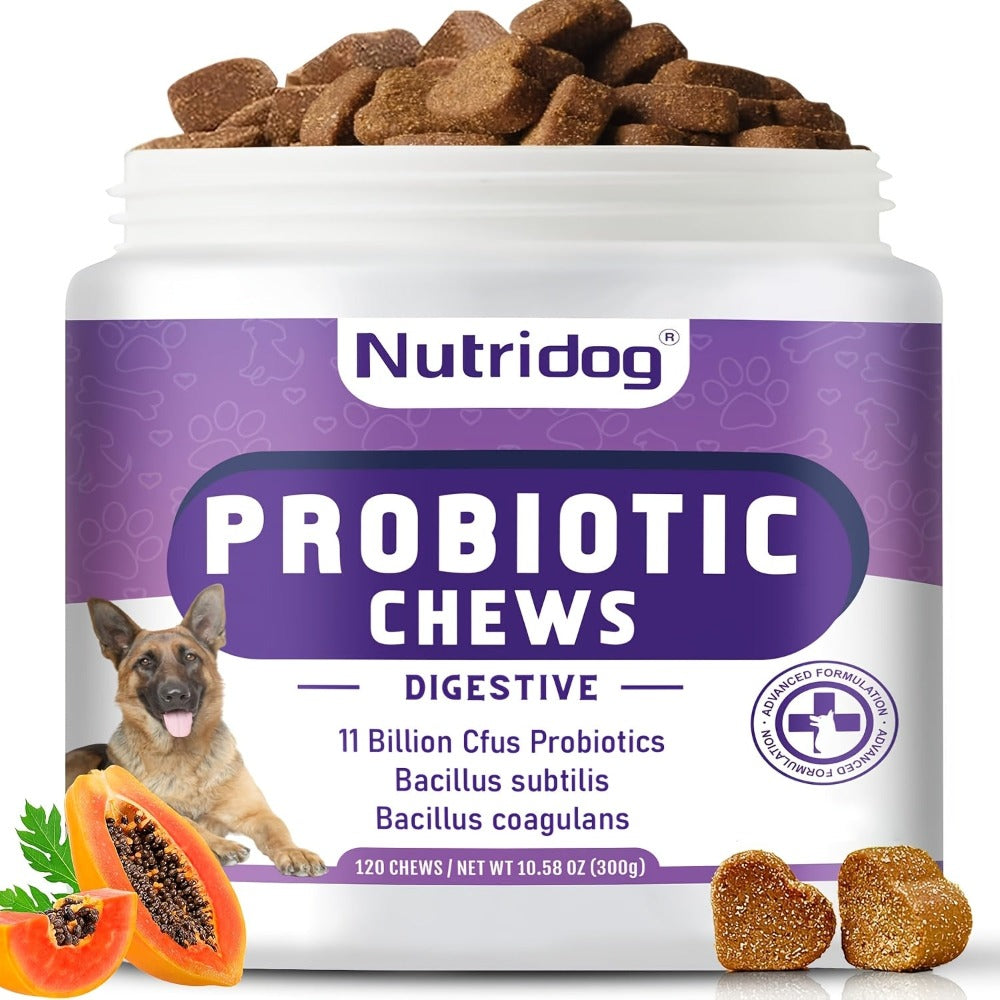 Probióticos para Perros en Masticables, Sabor a Pato - Apoya la Salud Intestinal, Equilibrio Digestivo - Masticables Suaves con Prebióticos y Probióticos (120 Unidades) (Pato)