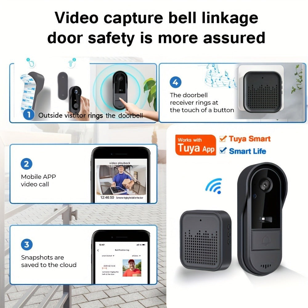 Cámara de Video Timbre Inalámbrica Wi-Fi, Cámara de Video Timbre Interior/Exterior, Detección Humana por IA y Alertas Instantáneas, Visión Nocturna HD 1080P, Audio Bidireccional, Monitor Interior en Tiempo Real, Alimentación USB, Batería de Larga Duración