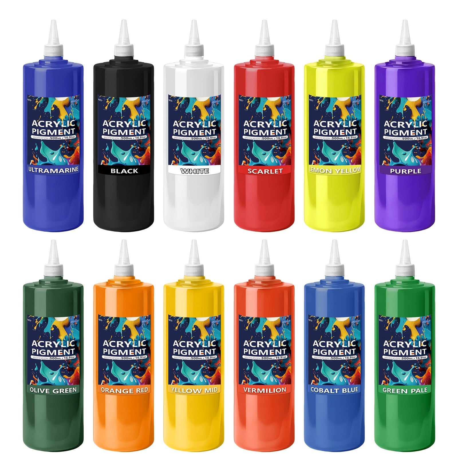 Set de Pintura Acrílica de 12 Colores | Botella con Boquilla de 500ml/16.91oz, Pintura Acrílica para Madera, Ropa, Cerámica, Tela | Pintura Profesional Hecha a Mano, Suministros para Pintura de Madera y Lienzo para Artistas, Adecuado para Aficionados a la