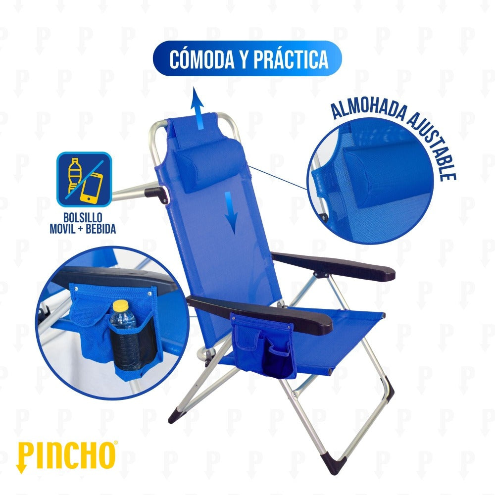Silla Playa Plegable, Sillon Alto con Cojín, Reclinable, Altura del Asiento 29,5 cm, Asa de Transporte, Bolsillo para Movil y Bebida Textileno Resistente, Jardin, Camping, Hamaca