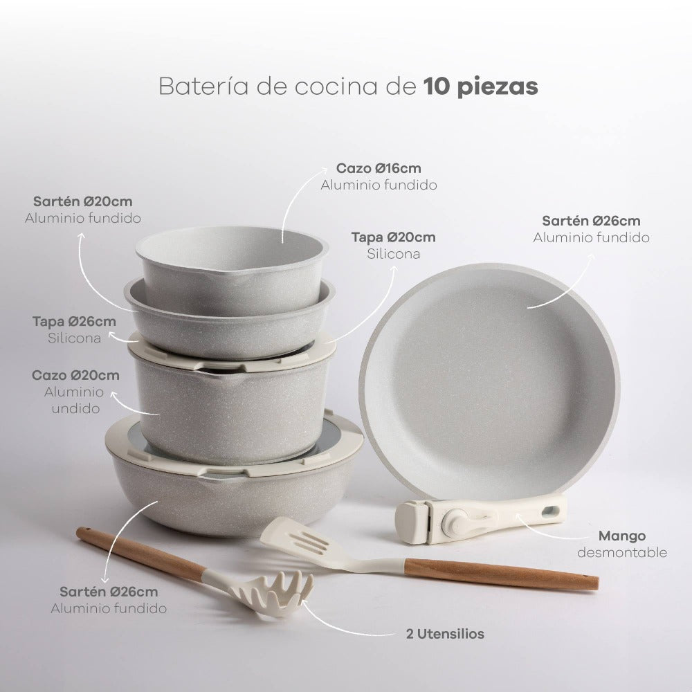 Bergner Click&Cook Batería de cocina 10 Pzs Mango extraíble, 3 Sartenes, 2 Cazos, Tapas y Utensilios Aluminio revestimiento antiadherente