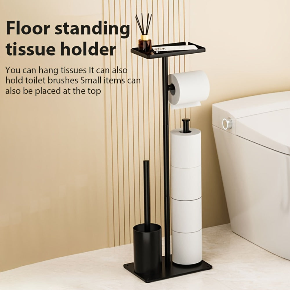Un soporte independiente para papel higiénico con almacenamiento, un organizador de baño autoadhesivo de hierro forjado, diseñado para ahorrar espacio, con una estética minimalista moderna y un extremo metálico liso, perfecto para decorar salas de estar o