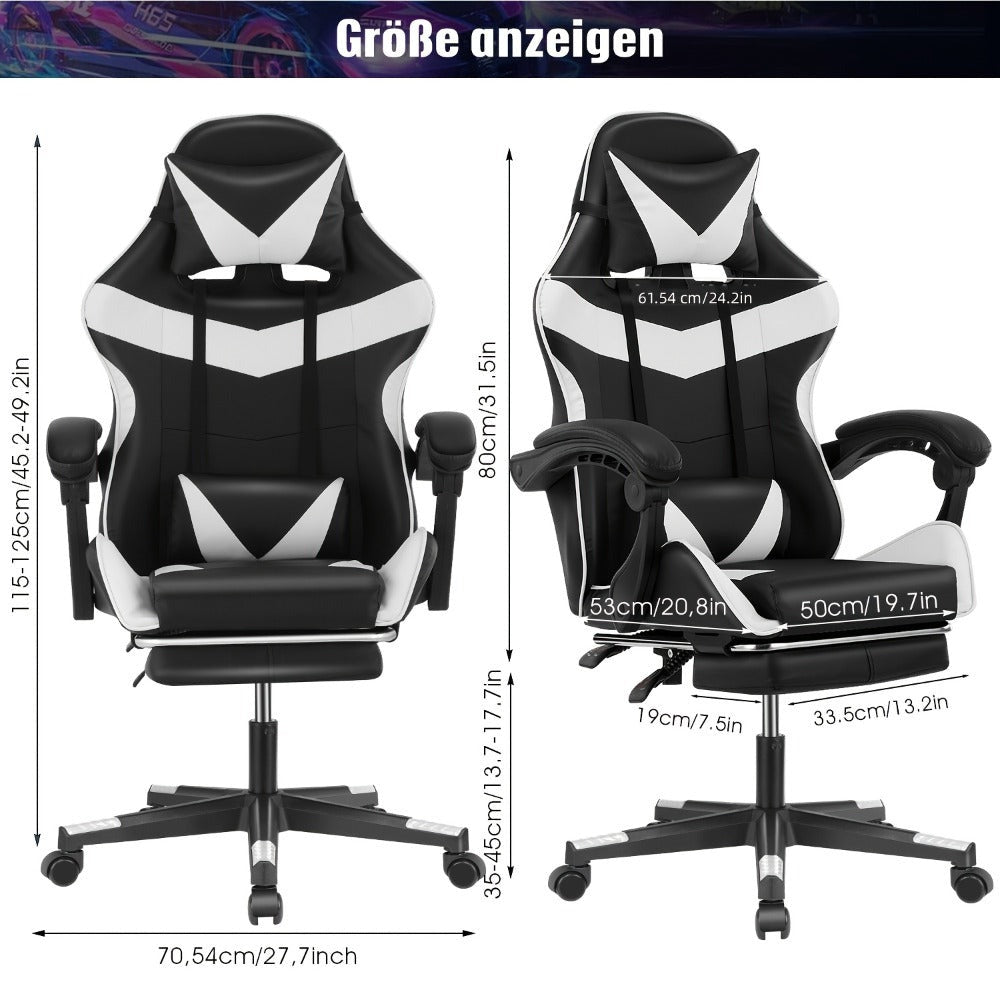 Silla de gaming con reposapiés, silla de gaming ergonómica, silla de ordenador con soporte lumbar, reposacabezas, sillas de PC de altura ajustable con asiento giratorio de 360° para oficina o gaming