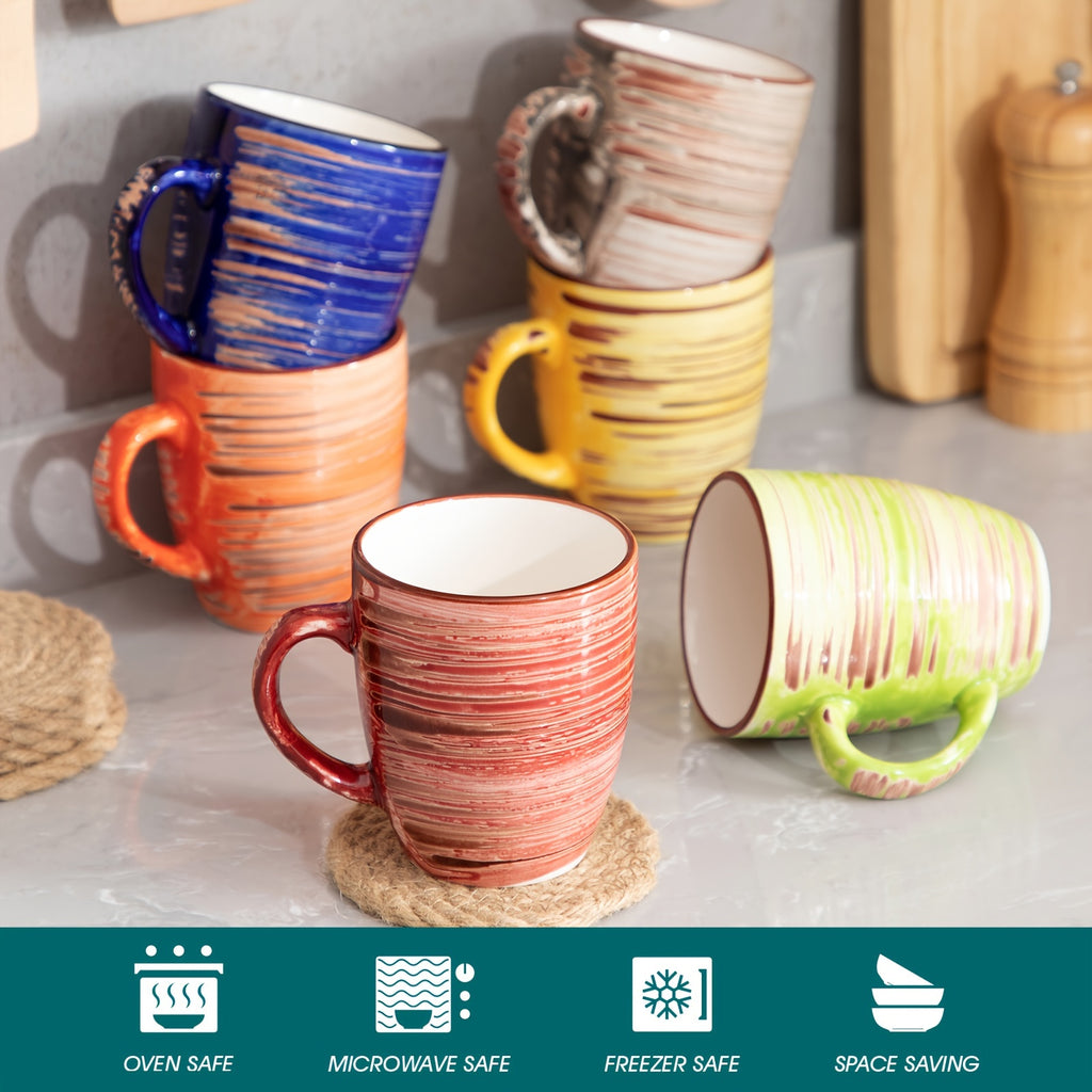 6 tazas de café multicolor de arcilla, tazas pintadas a mano de 390 ml para té, leche, cappuccino
