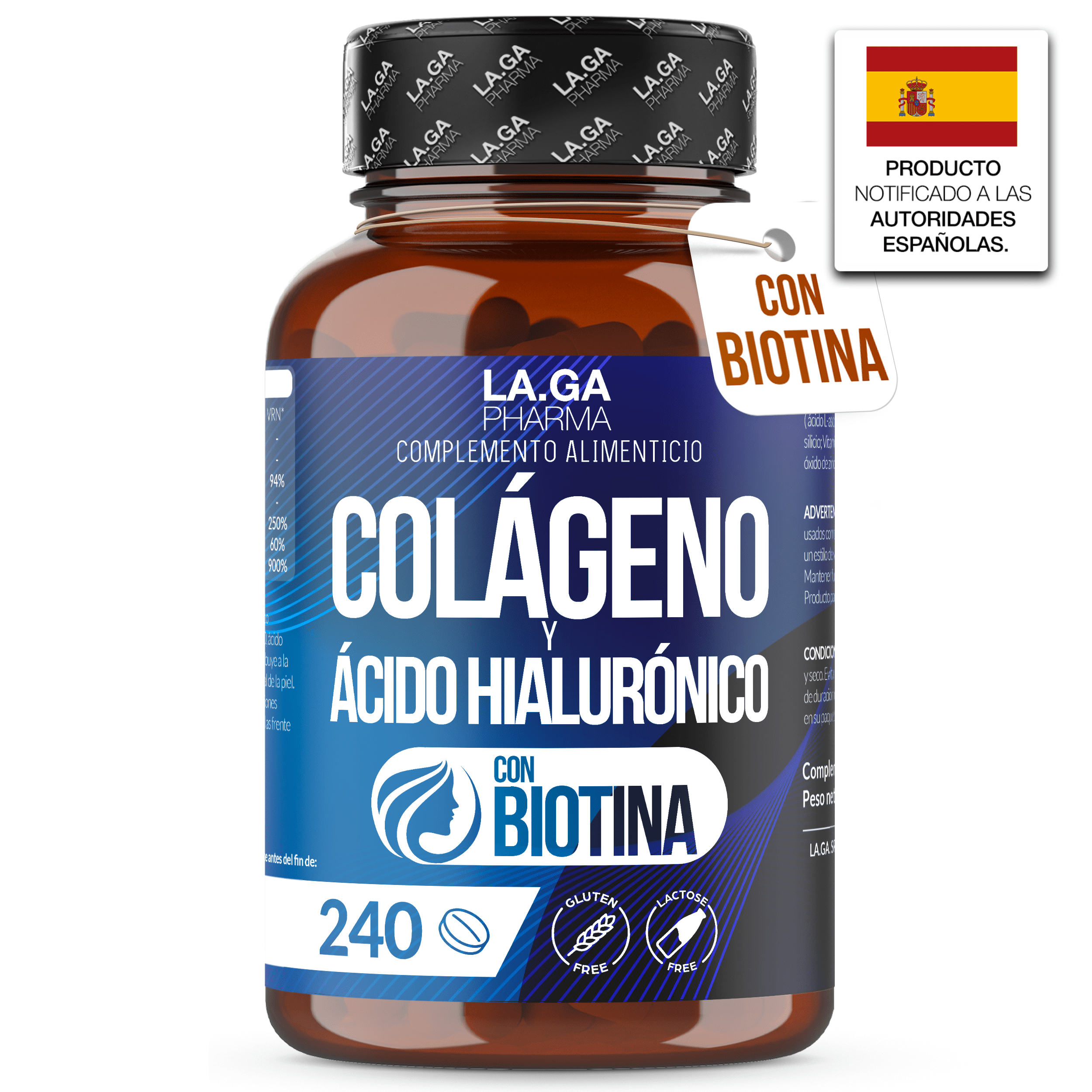 Suplemento de colágeno y ácido hialurónico con biotina. Fórmula con colágeno hidrolizado, 240 tabletas, ingesta diaria aproximada de 2000 mg. Hecho en Italia