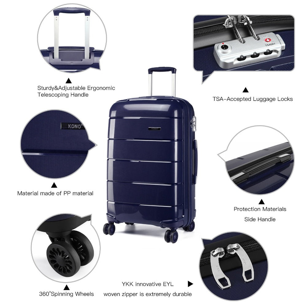 Juego de 3 maletas de carcasa rígida color azul marino, maleta de viaje con 4 ruedas, candado TSA y cremalleras YKK, maleta con ruedas de polipropileno, azul oscuro, maleta ligera de polipropileno de 4 ruedas con carcasa rígida y candado TSA, regalo de re