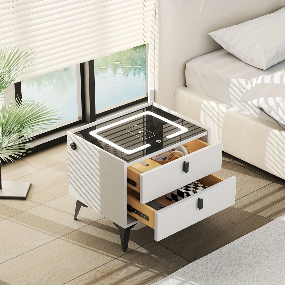 Mesita de noche, organizador de mesita de noche con luz LED, mesita de noche de 2 cajones, cómoda para sala de estar/dormitorio