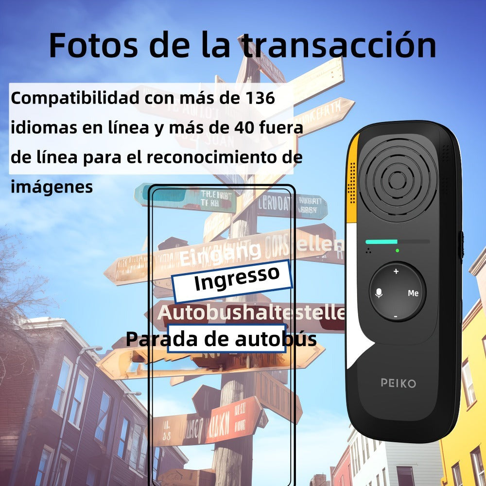 Dispositivo de traducción de lenguaje bidireccional portátil PEIKO con auriculares - Traducción de voz en línea instantánea, 75 idiomas, alta precisión, carga por tipo C, diseño compacto para viajes, negocios, aprendizaje, herramienta de traducción de via
