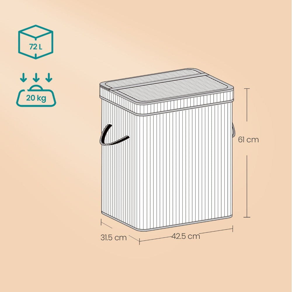 Cesto Ropa Sucia con Tapa, Cesta Ropa Sucia de Bambú, Bolsa Interior Extraíble y Lavable a Máquina, con Asas, 72 L, para Lavandería, Dormitorio, Sala de Estar