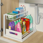 1 estante extraíble de doble capa para debajo del fregadero, estante multifuncional de acero al carbono para cocina y baño, adecuado para organizador de artículos esenciales y de limpieza - Negro/Blanco