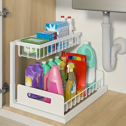 1 estante extraíble de doble capa para debajo del fregadero, estante multifuncional de acero al carbono para cocina y baño, adecuado para organizador de artículos esenciales y de limpieza - Negro/Blanco