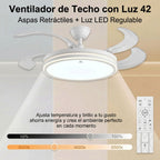 Ventilador de techo moderno con luz LED de 50W con regulación continua, aspas retráctiles y mando a distancia – Motor DC de cobre puro silencioso, bajo consumo y larga duración, brillo y temperatura ajustables, 6 velocidades, memoria y temporizador. Ideal