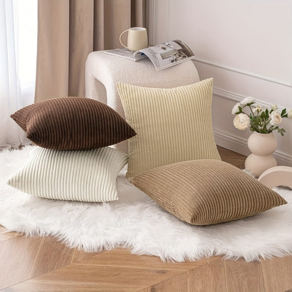 4 Pack Fundas de Cojín Decorativas de Rayas Suaves, Estilo Bohemio en Pana, Fundas Cuadradas de Pana, Cómodas y Modernas para Sofá, Sala, Dormitorio, Decoración Rústica, Relleno No Incluido