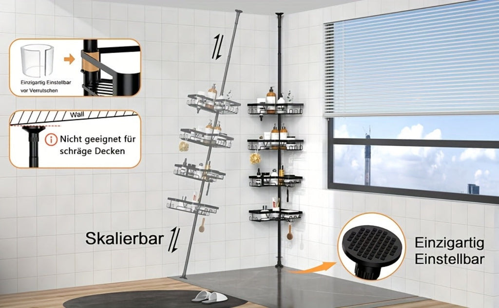 Un estante de esquina robusto y alto para el baño, un estante de esquina ajustable para la ducha que no requiere perforaciones, con un estante de almacenamiento negro de 4 niveles resistente al óxido, ideal para organizar áreas de ducha de esquina - Perfe