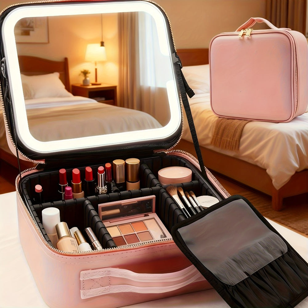Esta extra grande bolsa de maquillaje viene en rosa y negro, con espejo y ofreciendo amplio espacio para cosméticos. Su diseño elegante la hace ideal tanto para maquilladores profesionales como para uso personal.