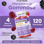 Melatonina Vegan Vitastrong en Gomitas, 120 Gomitas de 1 Mg (1 por Día, Suministro para 4 Meses), Sin Sacarosa, Sin Gluten, Sabor a Frutas Rojas, con Valeriana, Lavanda, Manzanilla y Vitamina B6