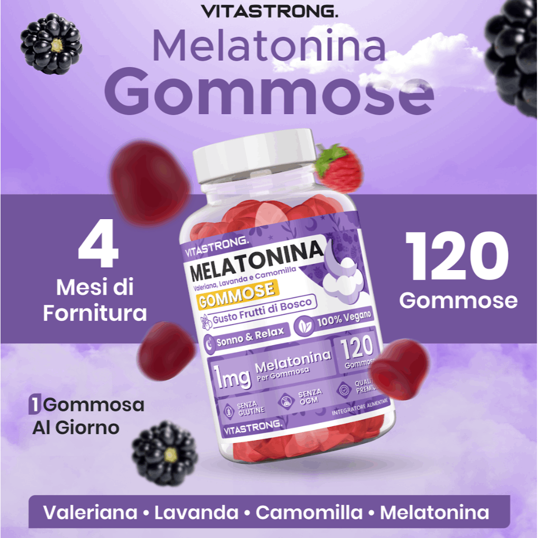 Melatonina Vegan Vitastrong en Gomitas, 120 Gomitas de 1 Mg (1 por Día, Suministro para 4 Meses), Sin Sacarosa, Sin Gluten, Sabor a Frutas Rojas, con Valeriana, Lavanda, Manzanilla y Vitamina B6