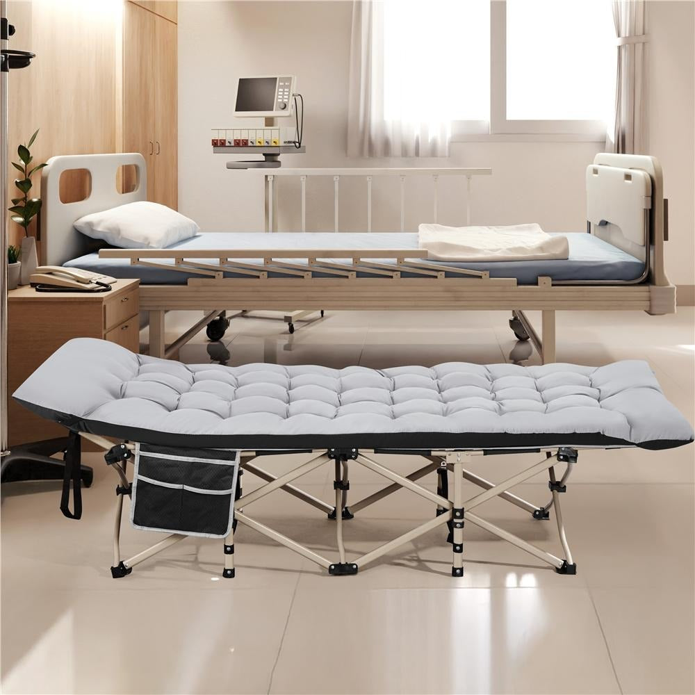 Cama de camping plegable con colchón, tumbona de jardín, cama de invitados con bolsillo lateral y bolsa de transporte para vacaciones en el jardín, oficina, interior y exterior.