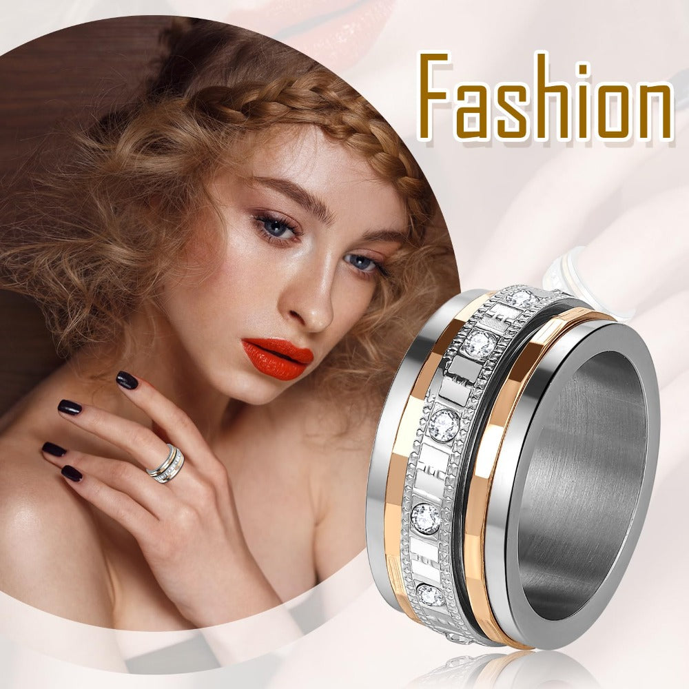Anillo Giratorio para Ansiedad JewelryWe: Anillo de Acero Inoxidable de 10mm de Ancho con Zirconia Cúbica Sintética, Anillo Antiestrés para Aliviar la Ansiedad, Anillo Giratorio para Pulgar para Mujeres y Hombres, Color Oro Rosa y Plateado