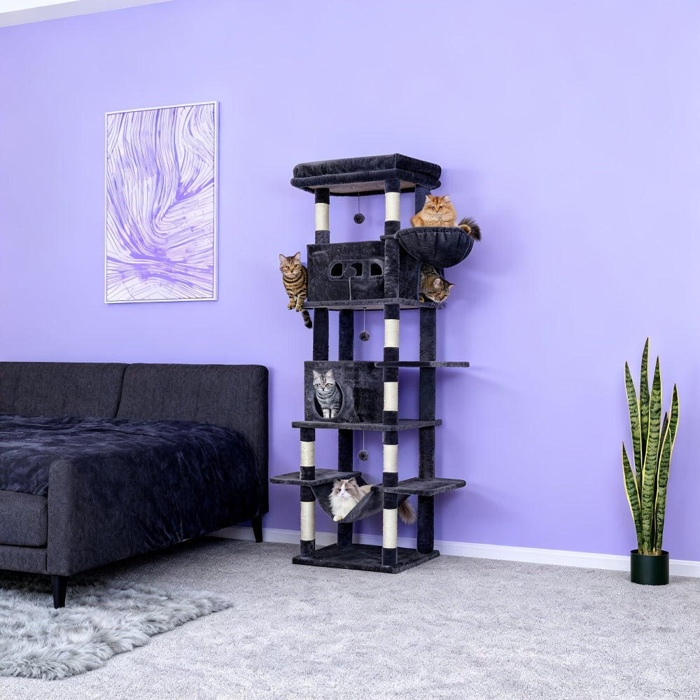 Árbol para Gatos de Interior, Torre Alta de 210 cm con Múltiples Niveles, Casa para Gatos, 8 Postes Rascadores, Hamaca y 4 Pompones