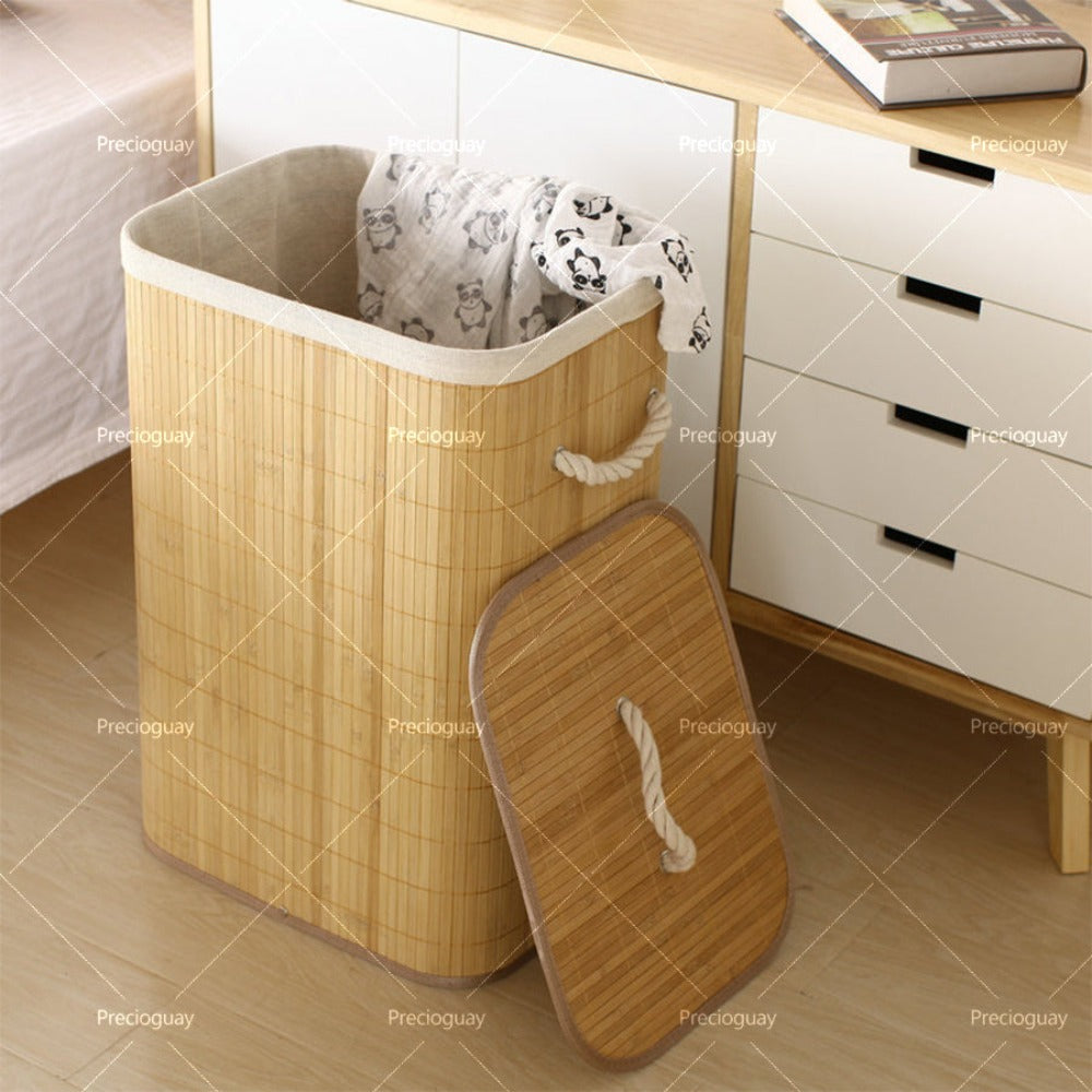 Ropero de Bambú con Tapa - Cesto de Bambú para Ropa Rectangular, Redondo y Cuadrado - Cesto para organización y colada (Rectangular - Oscuro)30*40*60CM