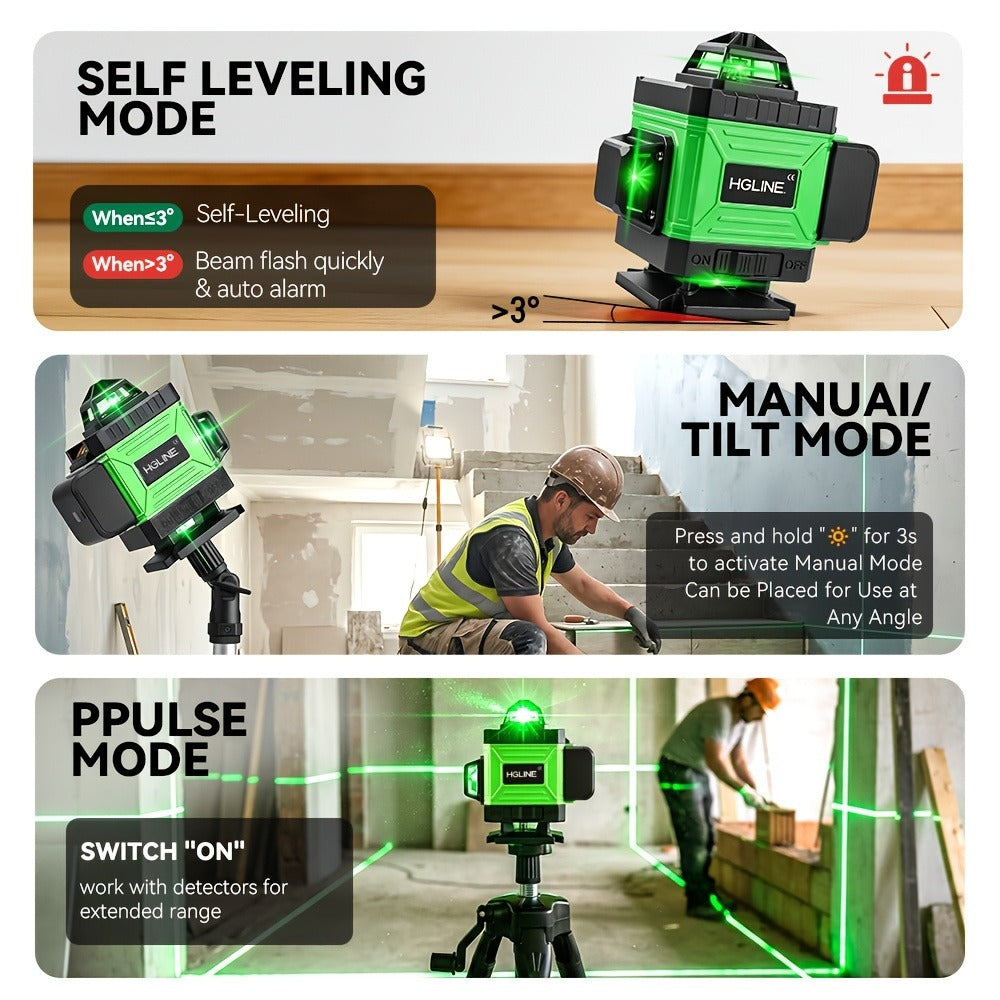 1 Juego de Nivel Láser de 16 Líneas con Nivelación Automática de 360°, Herramienta de Nivel Láser de Línea Cruzada Verde 4X360° para Construcción y Colgar Cuadros, Nivel Láser 4D con 2 Baterías Recargables