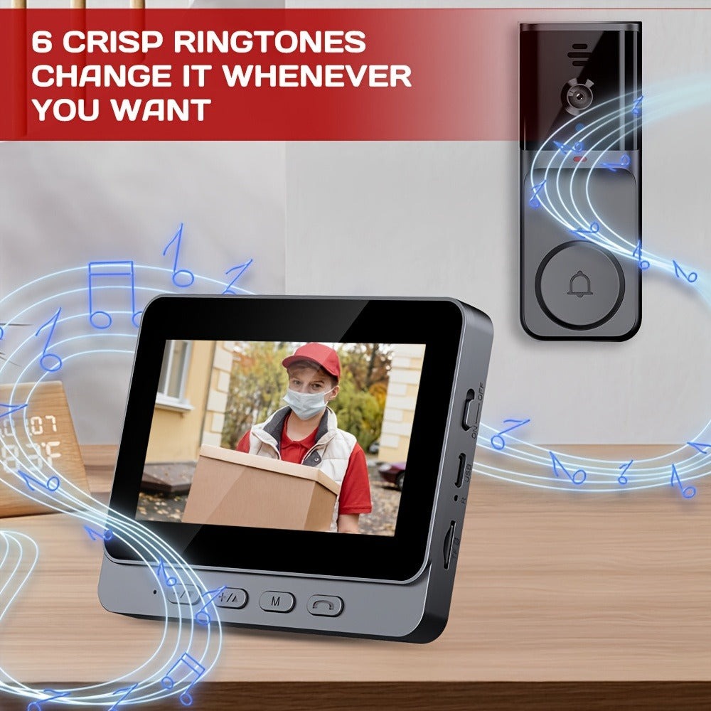 1pc Timbre Inalámbrico con Cámara Sin WiFi, Video Intercomunicador Inalámbrico con Pantalla IPS de 10.92cm, Lente Gran Angular, Audio Bidireccional, Visión Nocturna, Para Seguridad en el Hogar