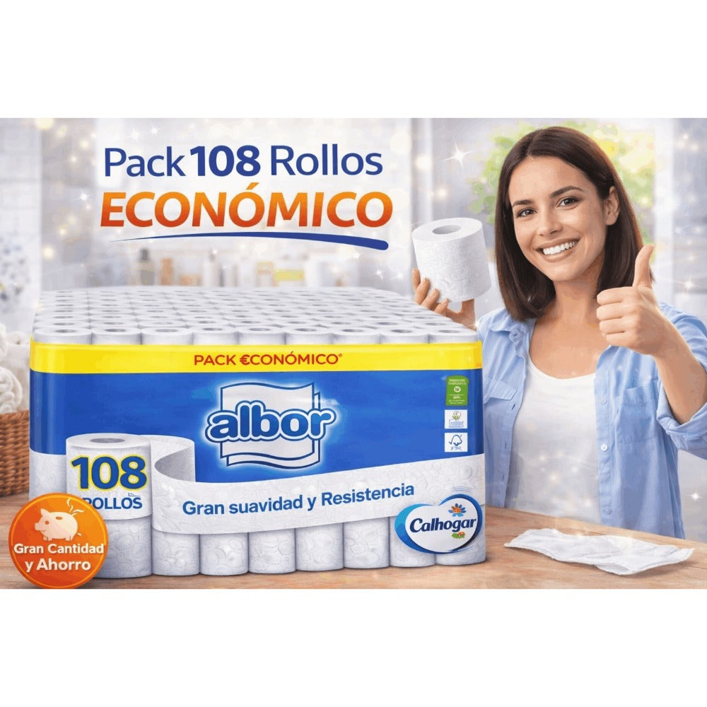 Pack promoción 108 rollos de papel higienico Albor Colhogar marca Española calidad y seguridad en cada uso.