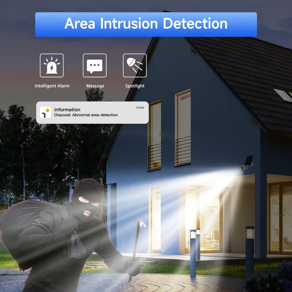 Cámara de seguridad inalámbrica con panel solar para exteriores LaxiHub, visión nocturna FHD de 3MP, foco, batería sin cables de 5200mAh, detección humana PIR, audio bidireccional, almacenamiento en tarjeta SD/nube, cámara de visión nocturna a color, cáma