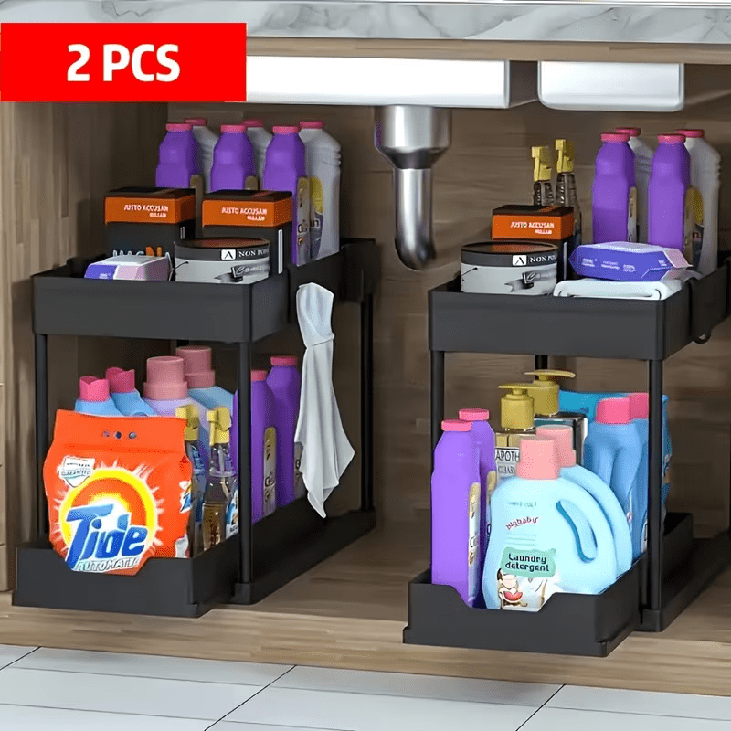 2 Paquetes de Organizadores y Almacenamiento Debajo del Fregadero, Organizador de Cesta Deslizante de 2 Niveles con Ganchos, Organizadores y Almacenamiento Multiusos Debajo del Fregadero para Baño y Cocina