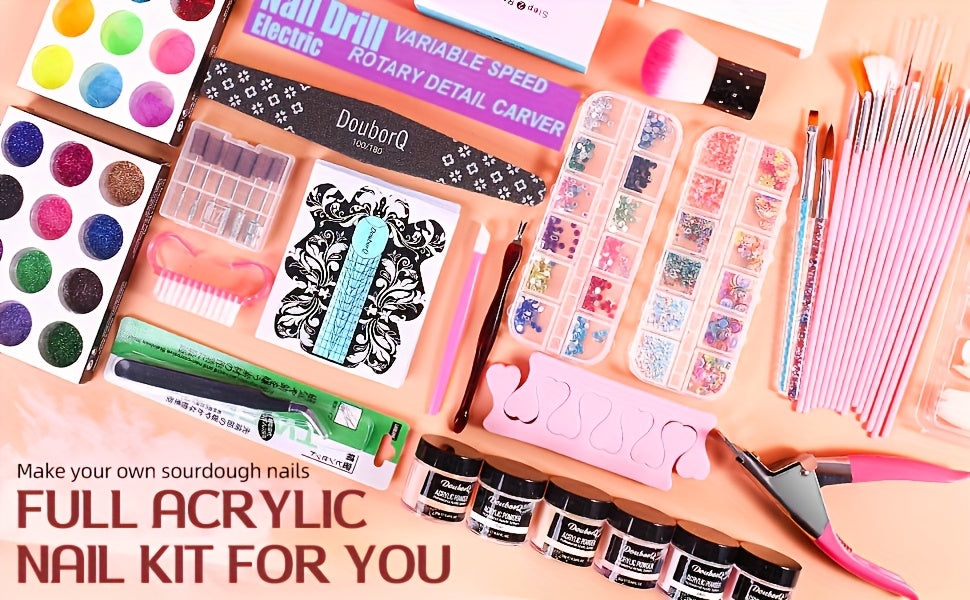 Kit de acrílico para principiantes con colores nude, transparente y rosa intensa, incluye herramientas para uñas, polvo de acrílico con glitter, líquido acrílico, lámpara LED y juego de taladro para extensión de uñas