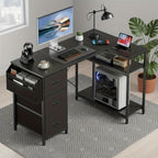Escritorio Gaming en Forma de L con 3 Cajones de Tela para Almacenamiento, Escritorio de Oficina en Casa Ahorrador de Espacio con Soporte para CPU, Fácil de Montar, Estación de Trabajo y Juegos, Estructura de Madera Resistente, Dormitorio, Adultos