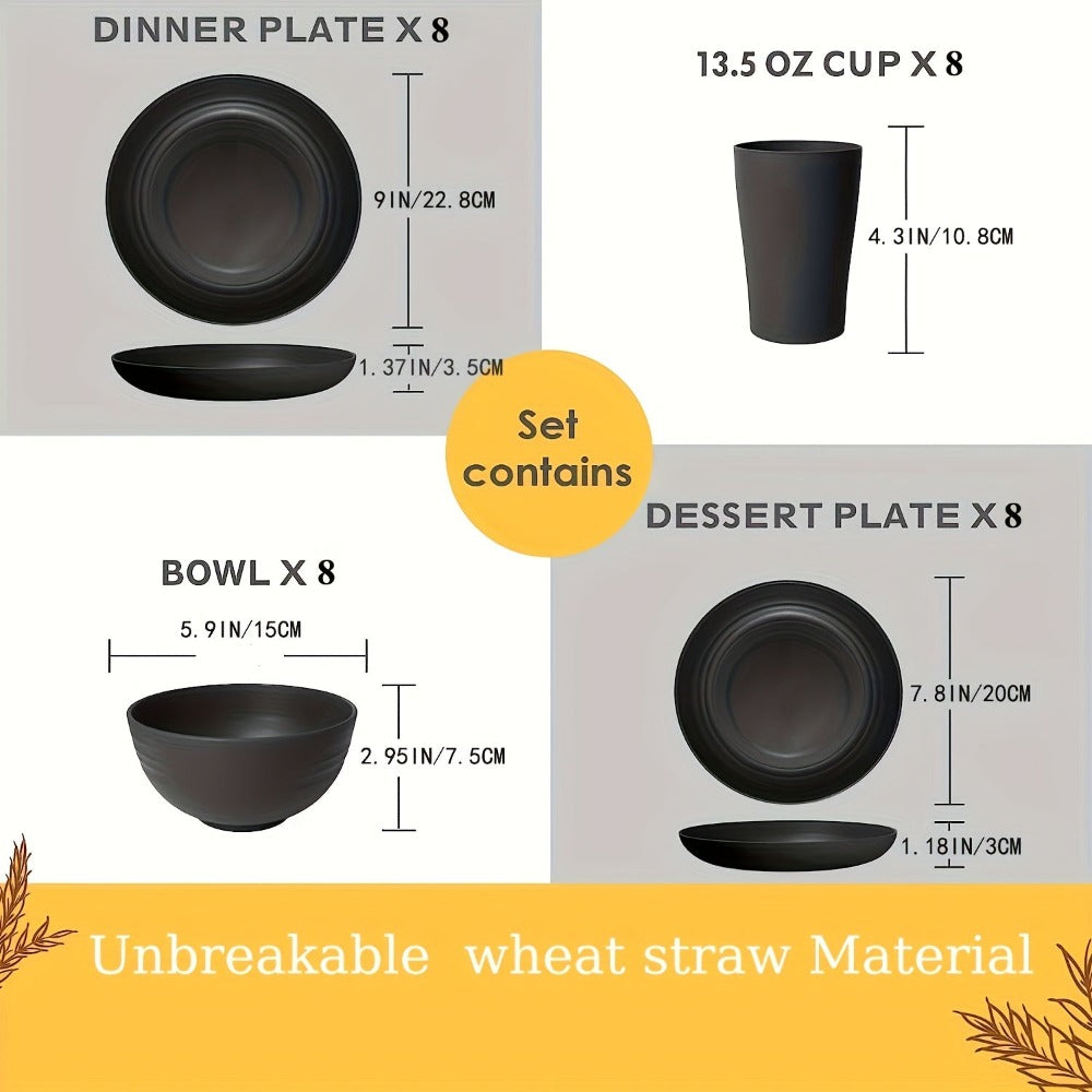 Juego de vajilla duradero de 32/16 piezas de paja de trigo - Apto para microondas y lavavajillas - Platos, cuencos y tazas reutilizables - ¡Perfecto para uso diario!