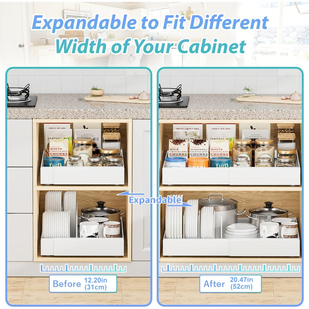 Organizador de gabinete extraíble, estante de almacenamiento resistente y expandible con cajones deslizantes, sin necesidad de taladrar, organizador para cocinas y baños, estante deslizable, extensible 31-52 cm (, blanco)