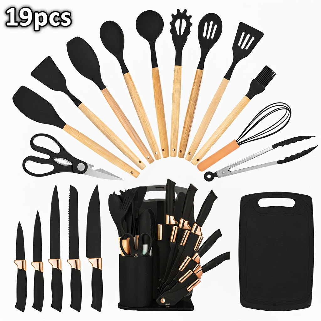 Juego de 19 Piezas de Cuchillos de Cocina con Bloque de Ventilación en Varios Colores. Incluye Cuchillo de Chef, Cuchillo de Carnicería, Cuchillo para Pan, Cuchillo Multiusos, Cuchillo para Frutas y Herramientas de Cocina. Hojas de Acero Inoxidable Premiu