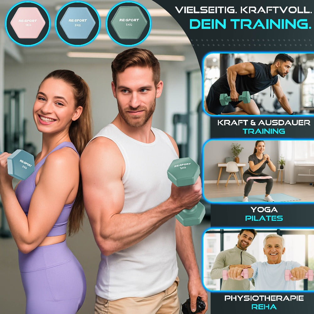 RE:SPORT® Juego de Mancuernas 3 Pares, 1Kg - 5Kg, 12Kg o 18Kg con Soporte y 3 Bandas Elásticas Fitness | Mancuernas Cortas Antideslizantes de Neopreno para Mujeres y Hombres | Juego de Mancuernas