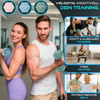 RE:SPORT® Juego de Mancuernas 3 Pares, 1Kg - 5Kg, 12Kg o 18Kg con Soporte y 3 Bandas Elásticas Fitness | Mancuernas Cortas Antideslizantes de Neopreno para Mujeres y Hombres | Juego de Mancuernas