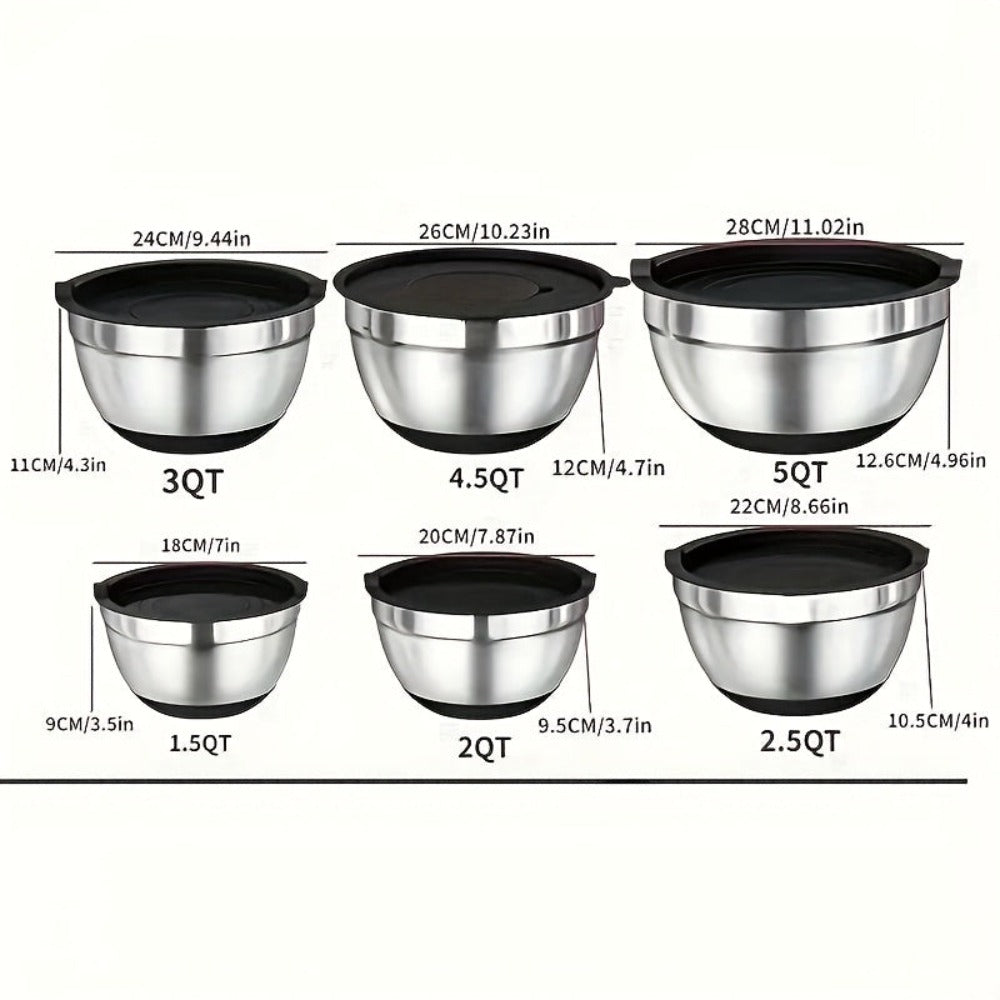 Juego de Tazones para Mezclar de Acero Inoxidable con Cubierta Sellada, Accesorio Rallador, Fondo Antideslizante - 26 piezas Tamaños 5QT, 4.5QT, 3QT, 2.5QT, 2QT, 1.5QT - Ideal para Mezclar y Servir