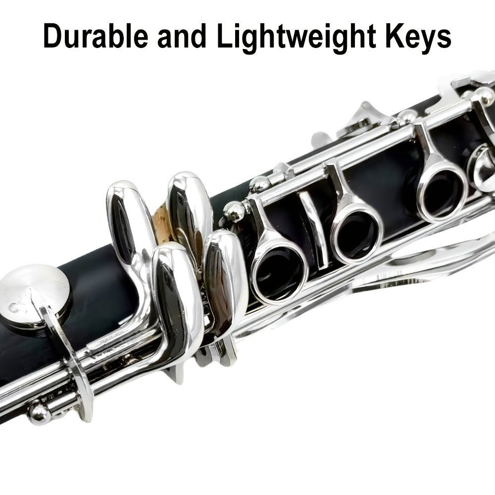 Siemonic Clarinete en Si bemol de 17 llaves, juego de clarinete chapado en níquel con estuche, kit de clarinete para principiantes con kit de limpieza y adicionales, instrumento de viento para práctica, interpretación y uso musical
