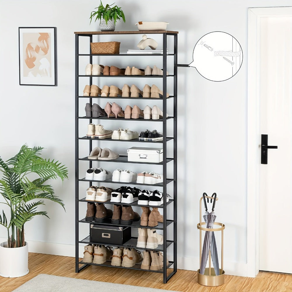 Zapatero, organizador de almacenamiento de zapatos de 12 niveles de gran capacidad, estante alto para zapatos para entrada de puerta principal, malla metálica, armario, marrón rústico y
