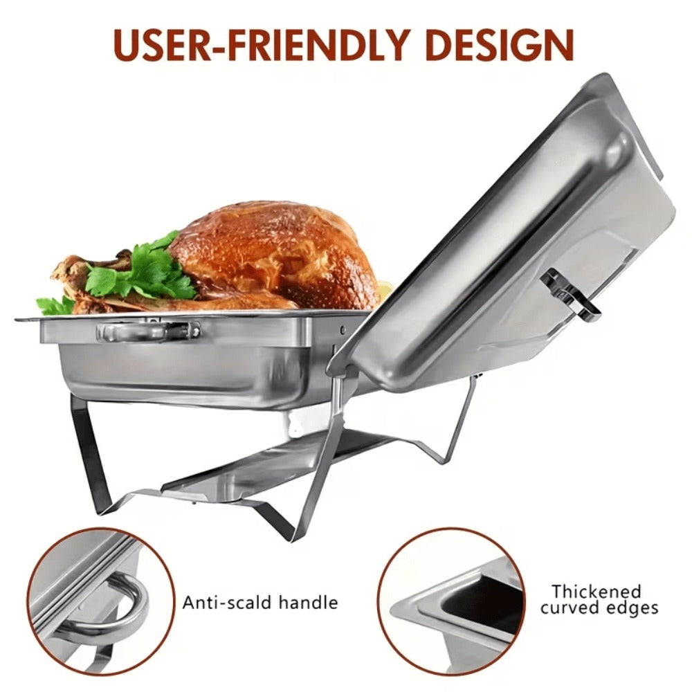 Juego de calentador de alimentos de acero inoxidable, plateado - Incluye tapa aislada, bandeja de agua, bandeja para alimentos, marco, rejilla de combustible - Adecuado para uso comercial y doméstico, utensilios de bufé con tapa cuadrada de acero inoxidab