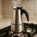Cafetera Italiana de Acero Inoxidable para Espresso, Cafetera Moka Clásica, Mango Ergonómico de Agarre Frío, Ideal para Gas y Eléctrica (No apta para inducción Vitrocerámica), 2-12 tazas- Happy Friends
