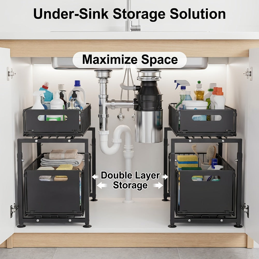 Organizador de 2 niveles para debajo del fregadero, cajones extraíbles, acero al carbono, almacenamiento para cocina y baño, almacenamiento deslizante sin taladrar para cocina, altura ajustable, , gran capacidad de carga