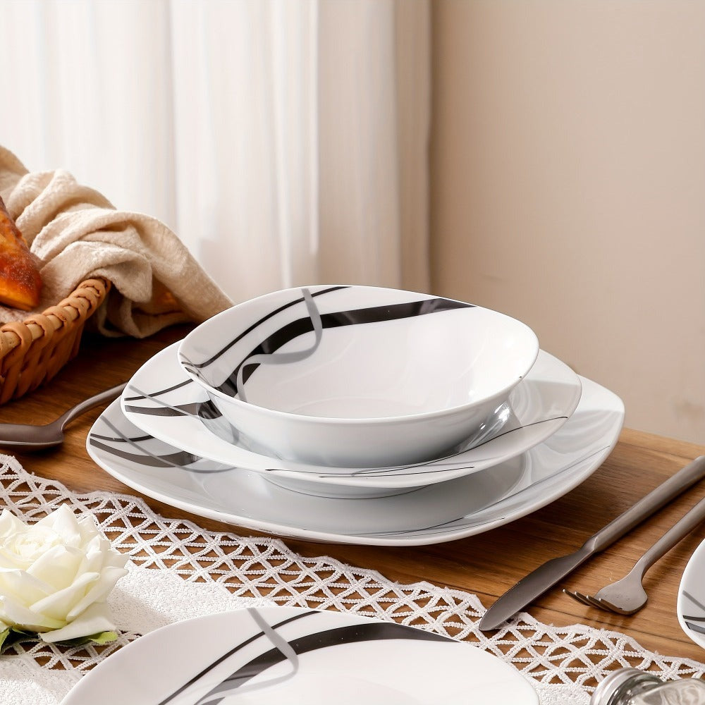 Juegos de Comedor de 24 piezas, Juegos de Platos y Tazones, Juego de Comedor Redondo de 24 piezas para 6 personas, Juego de Platos Resistente a los Arañazos, Juegos de Platos Seguros para Lavavajillas y Microondas, Adecuaciones de Cocina de 24 piezas