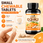 Tabletas masticables de Vitamina D3 + K2 – 120 tabletas – Sabor naranja – Suplemento alimenticio con Vitamina D3 y Vitamina K2 – Tabletas fáciles de masticar para adultos