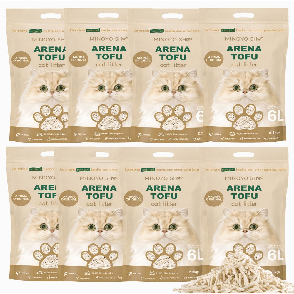 Arena de Tofu para Gatos aglomera 6L - Sin Polvo Fácil de Aglomerar y Controla Olores -y Segura para Gatitos - Pack de 4/8 Bolsas