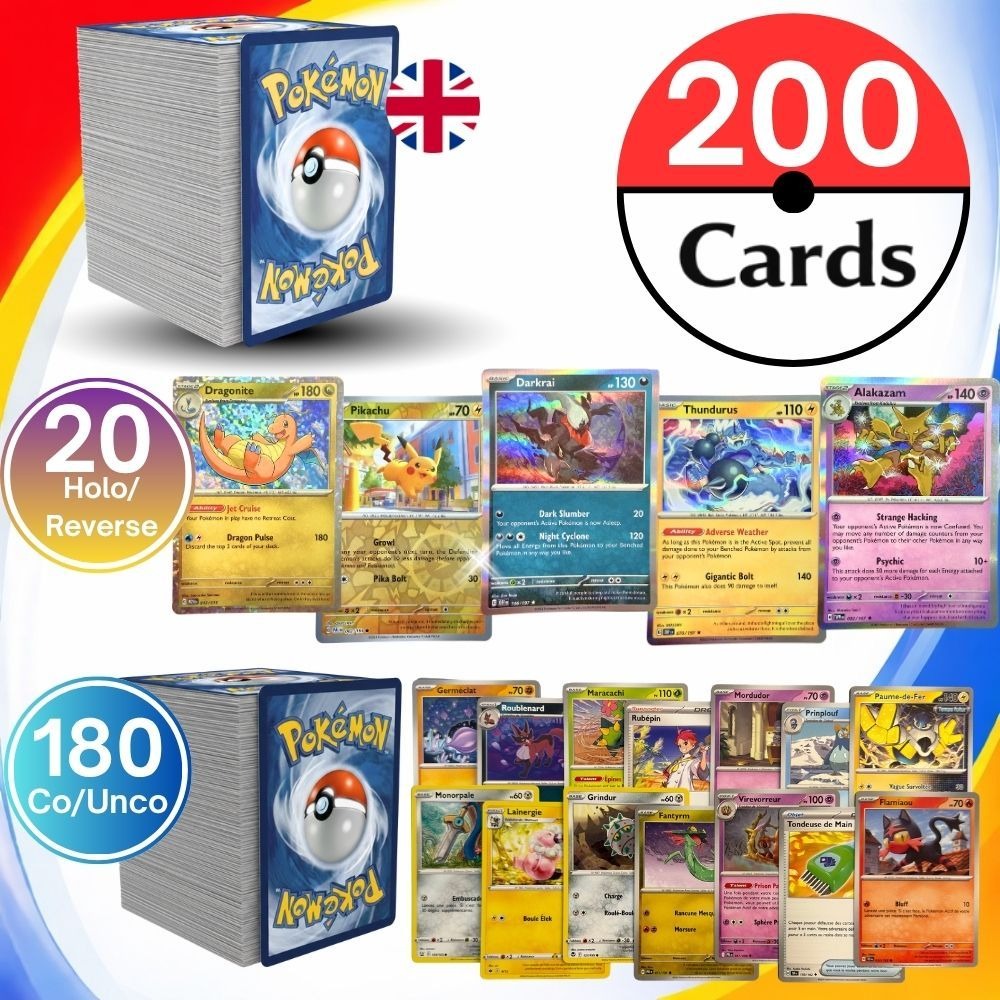 Cartas de Pokémon: Lote auténtico de 200 cartas de juego de Pokémon TCG en idioma inglés
